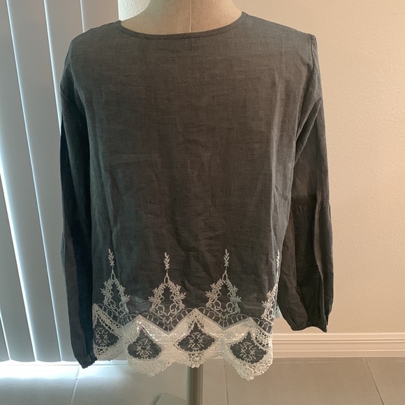 DU JOUR GRAY BOHO LACE EMBROIDERED TOP GU SZ S CAREER EVERYDAY - Picture 2 of 2